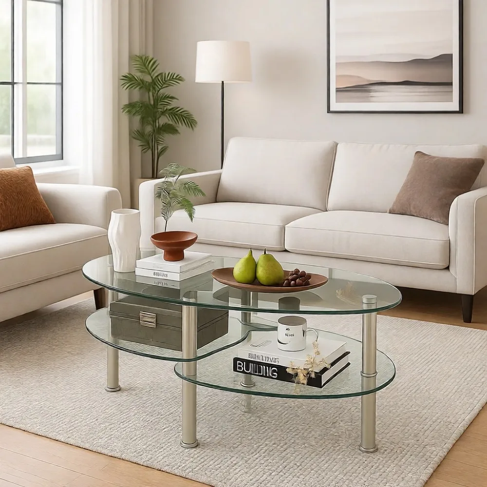 Modern Two-Tier Glass Coffee Table with Tempered Glass Boards and Chrome Legs for Home Office