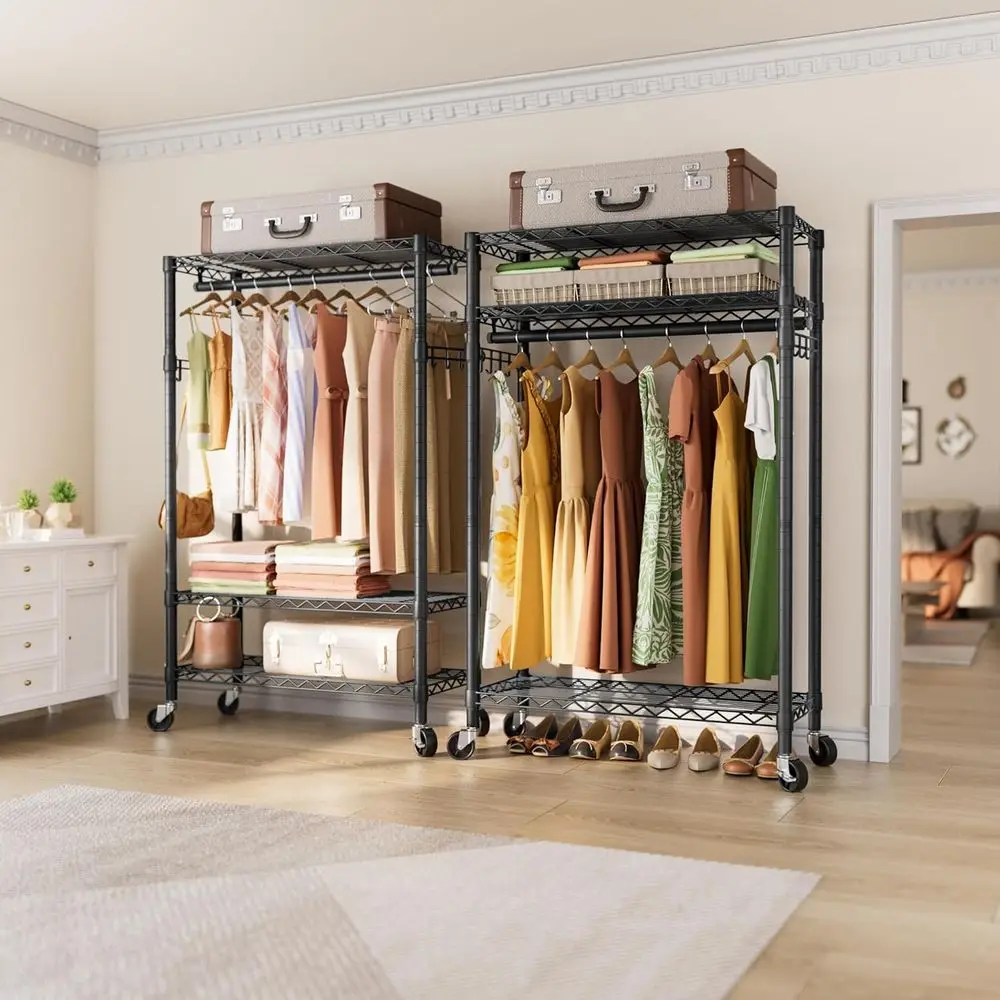 Portable 3-Tier Adjustable Rolling Garment Rack with Hanger Rod and Side Hooks for Clothes Storage