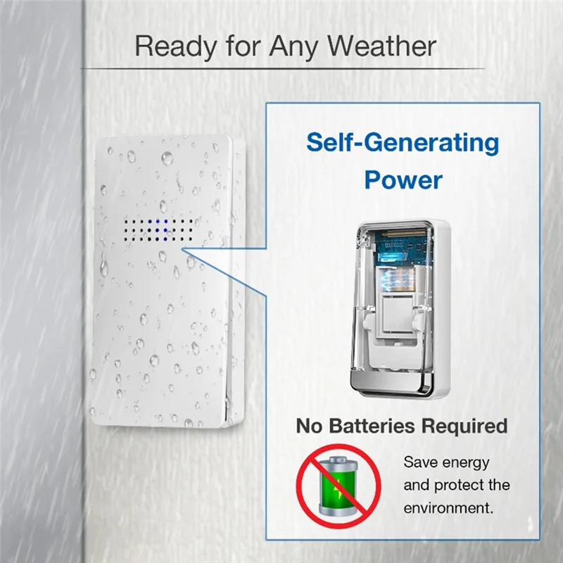 جرس باب لاسلكي مقاوم للماء يعمل بالطاقة الذاتية 38 غنية جرس باب منزلي خارجي مع عرض درجة الحرارة أبيض (الاتحاد الأوروبي) متين