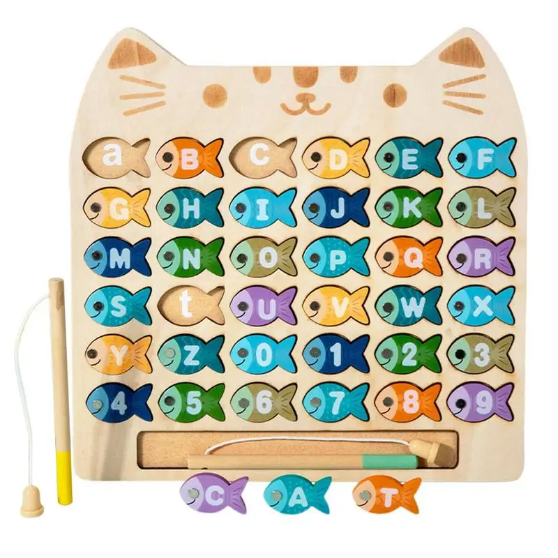 Brinquedos de pesca para crianças bonito gato forma jogo de pesca de madeira interativo habilidades motoras finas brinquedos com 2 pólos jogo de captura de peixes para