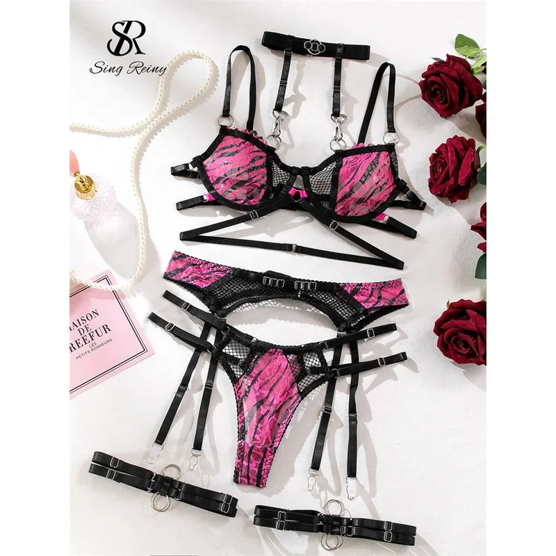 

SINGREINY Ladies Lace Sensual Lingerie Sets Women Sexy Mesh Splicing Halter Metal Garter Hollow Out Erotic Underwear Suits