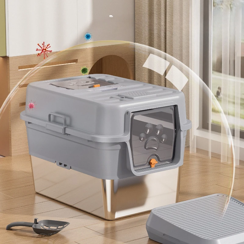 

Self Cleaning Cat Litter Box Smart Closed Top Entry Stainless Steel Extra Large Odor Control Splash Proof Portable Cat Supplies