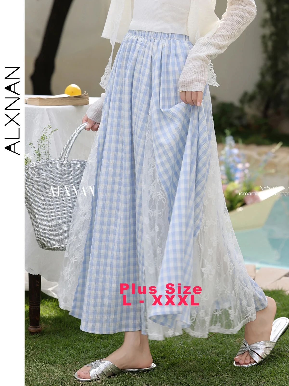 

ALXNAN Plus Size Skirt Blue Plaid Lace Long A-line Women's Skirt Summer Casual Elastic Waist Loose-fit Ladies Clothing D10963