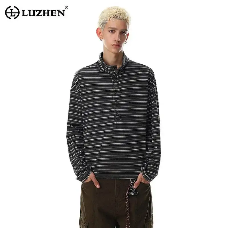 LUZHEN 2026 New Stylish Elegant Temperament Stripe Printed Long Sleeve T-shirts Men's Handsome Cotton Stand Neck Pullover JY7934