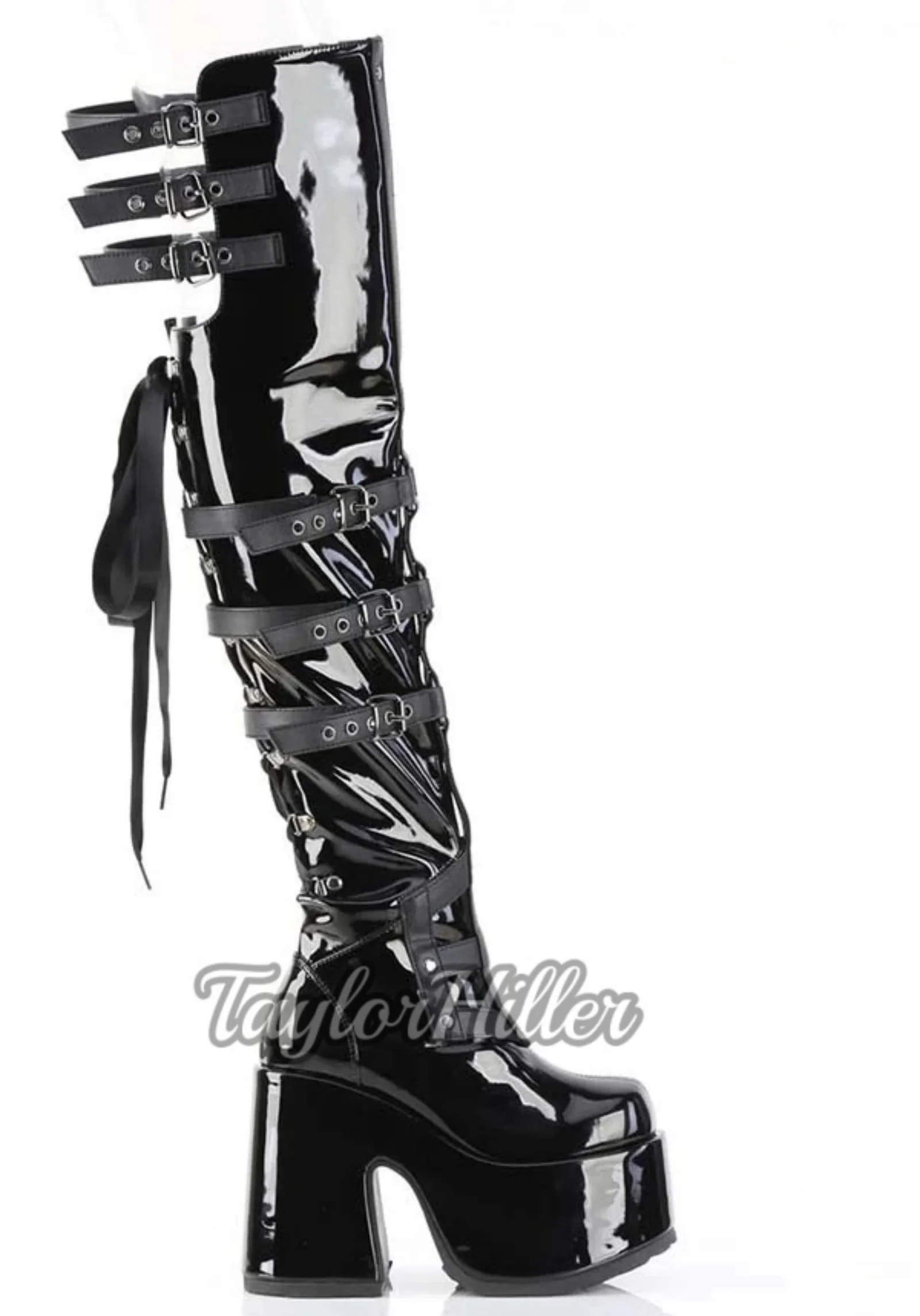 Gothic Black Boots Platform Patent Leather Botas Round Toe Multi Buckles Shoes Women Luxury Designer Autumn Winter Y2K Heels New view 2