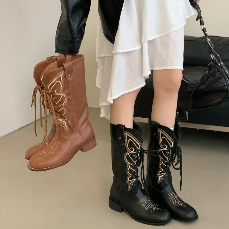 

Ботинки с острым носком в стиле ретро, рыцарские сапоги в стиле ретро на толстом каблуке, ковбойские женские ботинки из искусственной кожи в стиле вестерн, повседневные высокие уличные ботинки