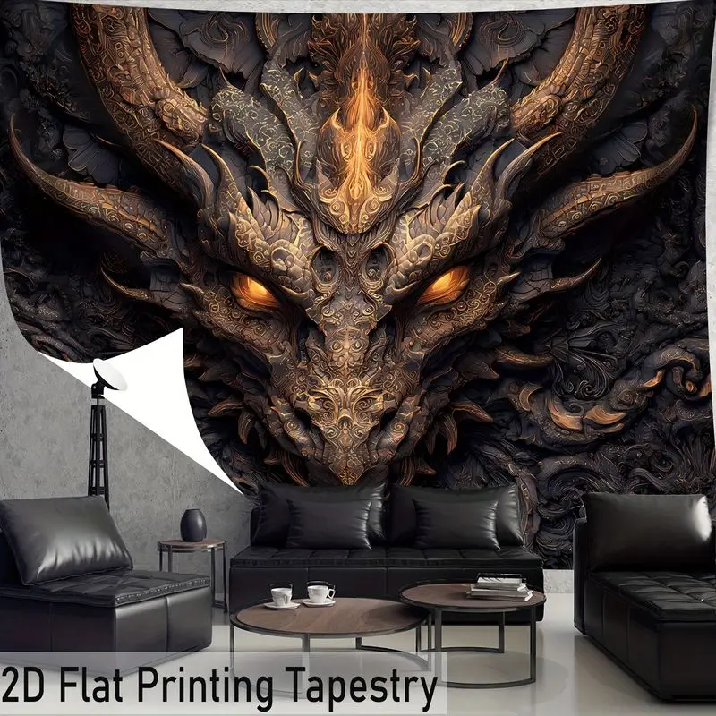VIKAMA Wall Tapestry Dark Metal Wind Carving Dragon Tapestry Black Gold Retro Dragon Pattern Printed Print Tapestry Hanging