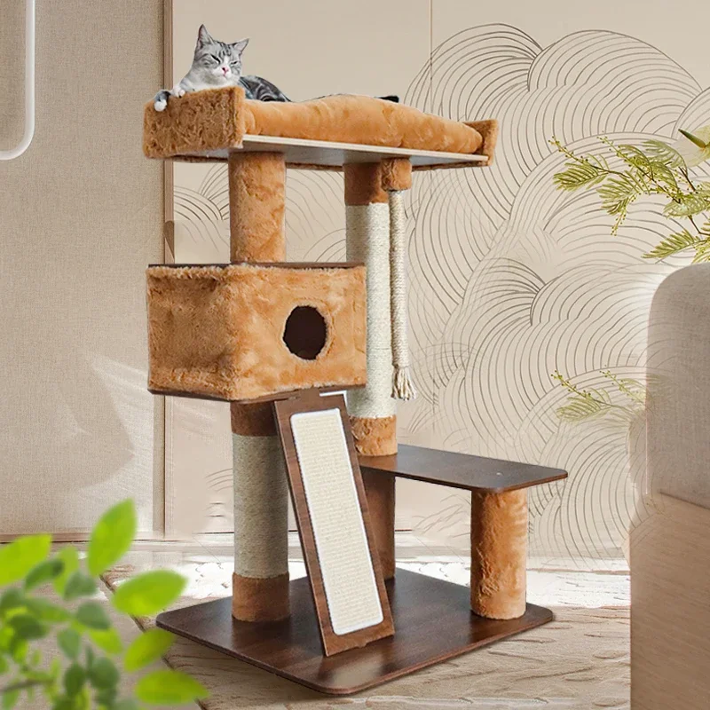 Wood Tall Pet Cat Tree Multi-level Large Cat Activity Toys Tower Climbing Frame with Cat Nest and Sisal Blanket Hot Sale Solid