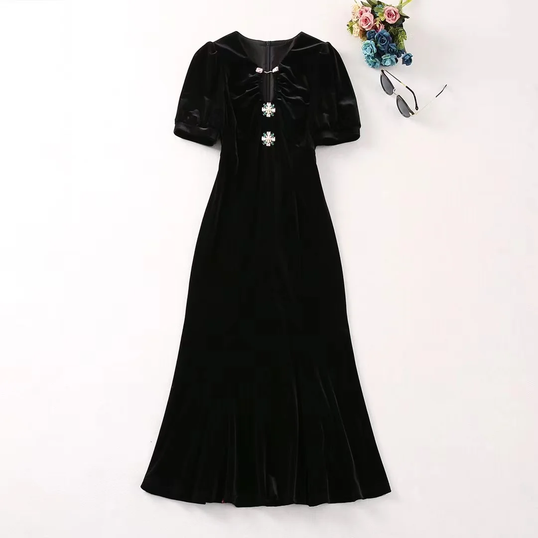 

European and American women's clothes 2024 spring new Short-sleeved V-neck beaded Fashion velvet Fishtail dress XXL