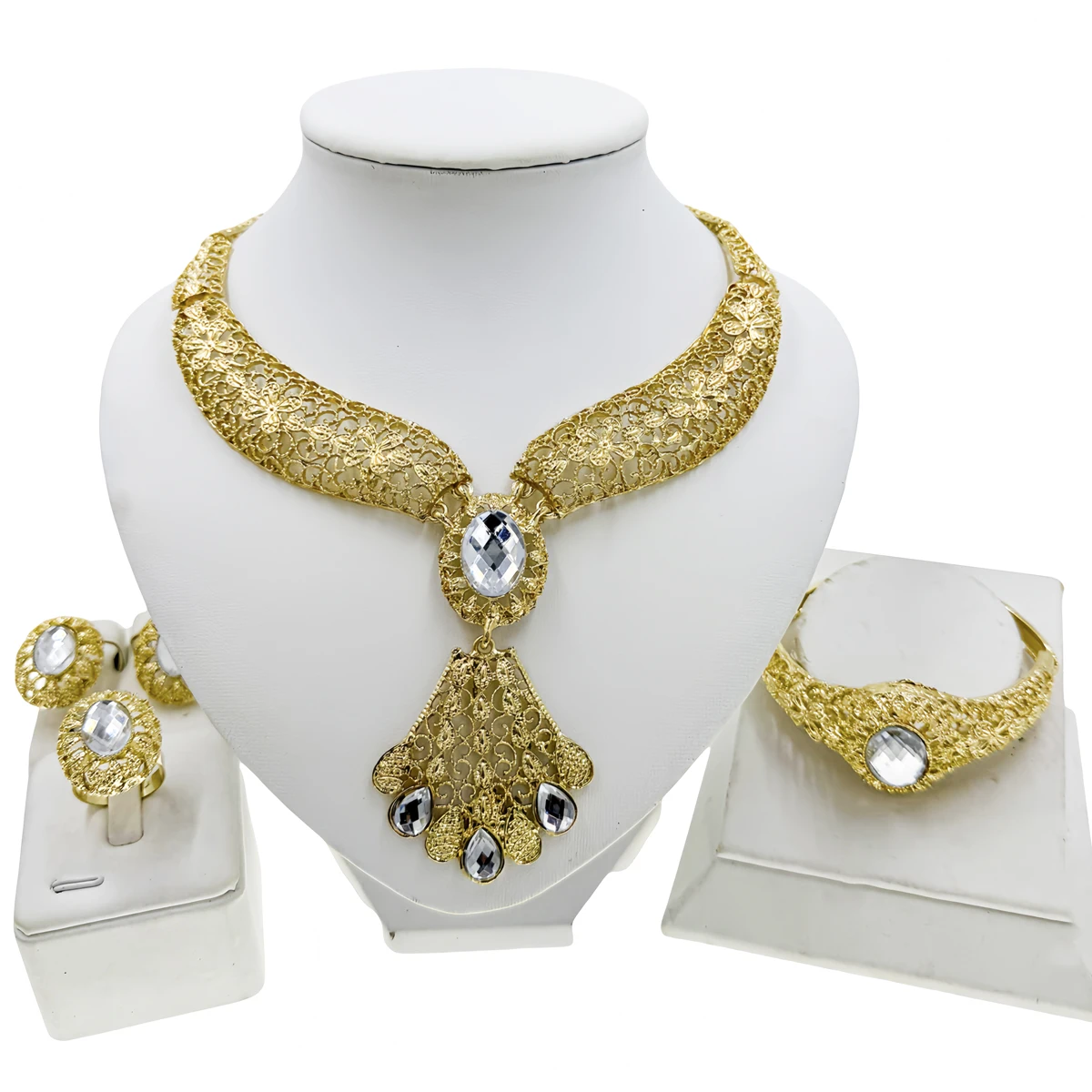 

Wedding Jewelry Sets for Women Rhinestone Statement Necklaces Earrings Gold Plated Bracelet Ring Bride Bridesmaid Gift for Women