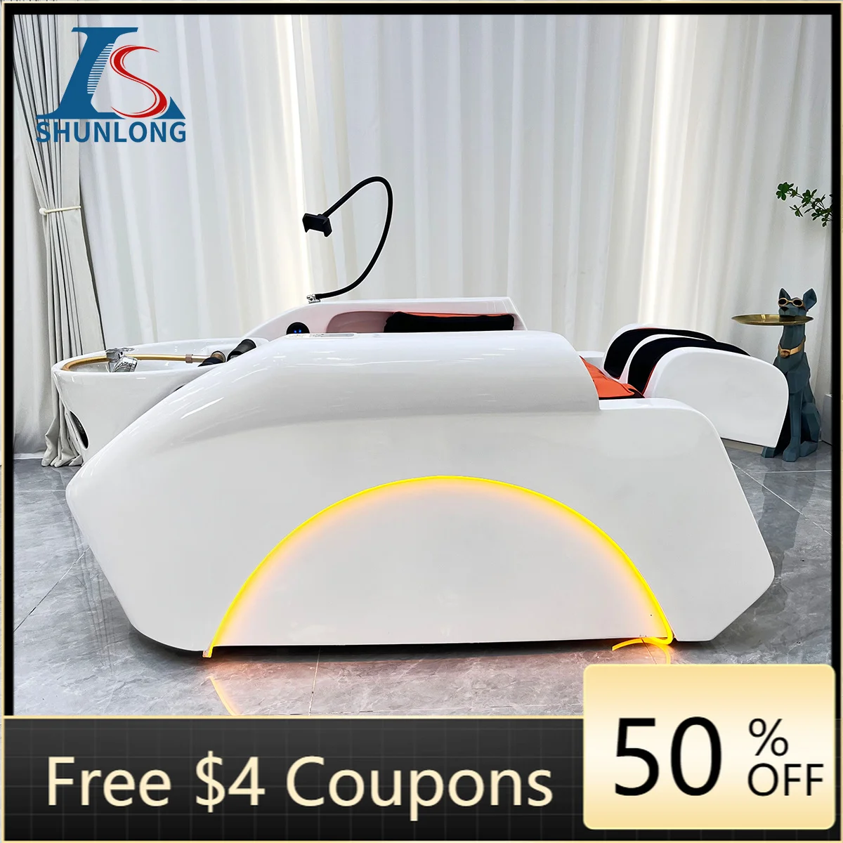 Electric Shampoo Bed White Shell With Orange Cushion LED Light Head Spa Water Circulation Hair Washing Chair for Hair Salon