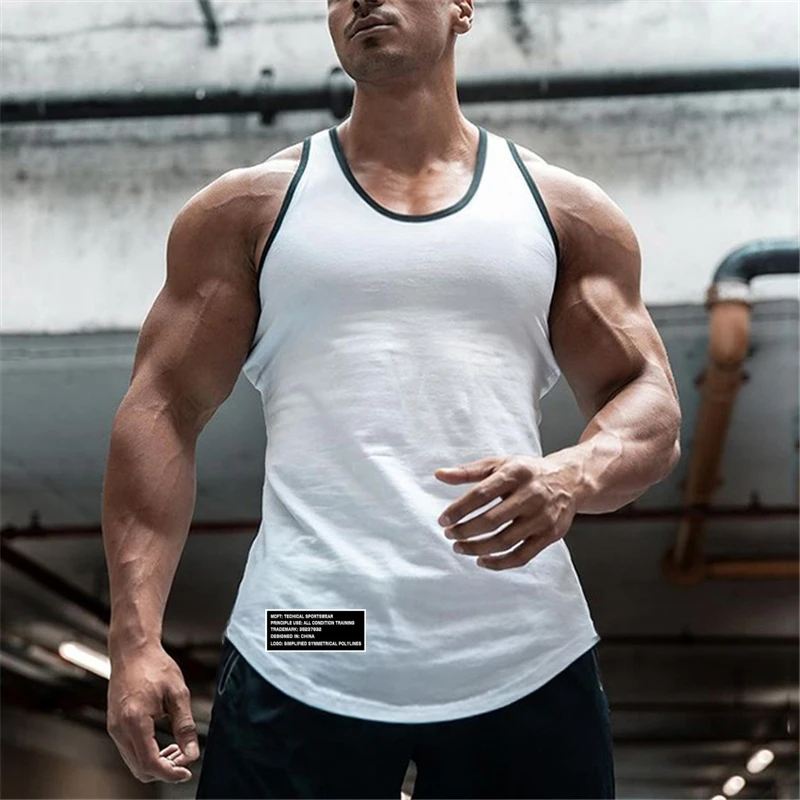 Men Fitness Cotton Tank Top Sleeveless Bodybuilding Vest Gym Workout Training Muscle Shirt Summer Sports Singlet Casual Clothing