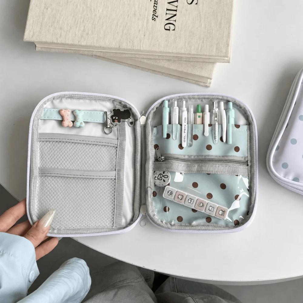 Portable Polka Dot Print Pencil Case Multi-compartment Ultra-thin Pencil Pouch Large Capacity Stationery Pouch School Supplies