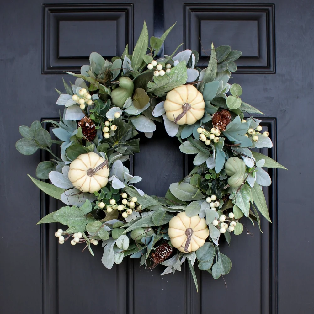 Fall Wreaths for Front Door Autumn Wreath with Berry Pumpkin Maple Leaves Halloween Thanksgiving Harvest Festival Decoration