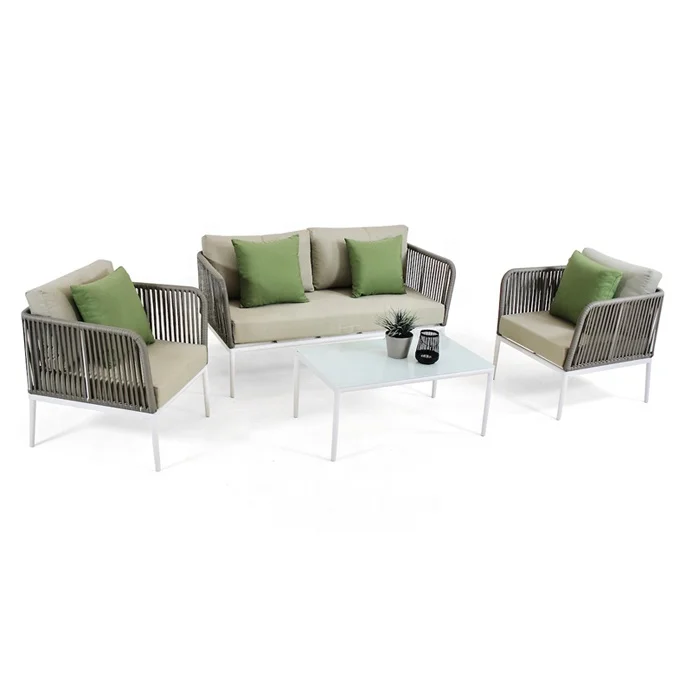 Beste verkoop grijze comfortabele tuinbank met loveseat meubilair buitenterras sectionele aluminium touw bankstel
