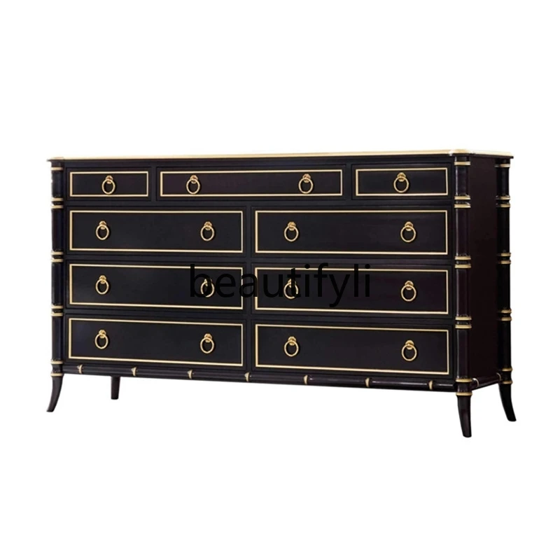 

American light luxury chest, black gold-painted chest, secret cabinet, bedroom solid wood drawer cabinet customization