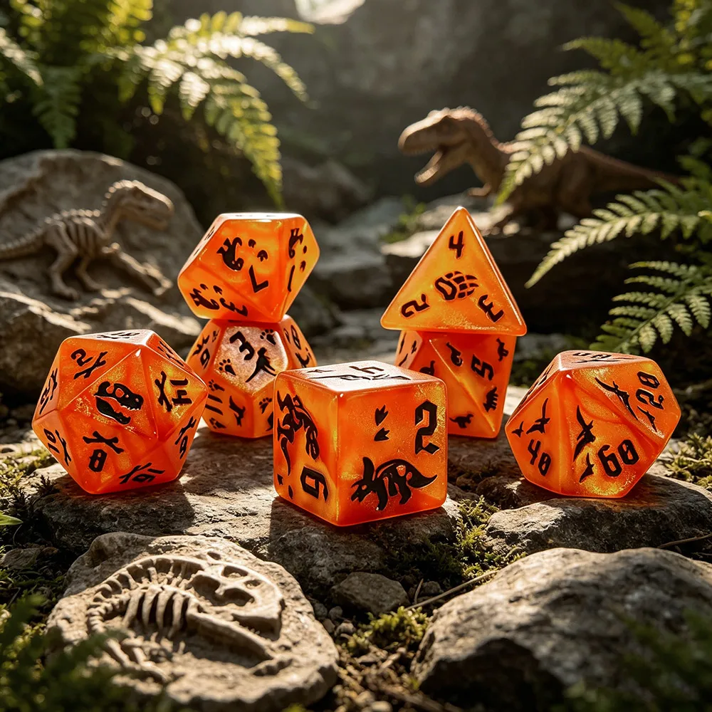 Jurassic Amber Orange Dinosaur Theme Dice Set, Orange Engraved DND Dice for Prehistoric TTRPG Games DND Dice for RPG Games
