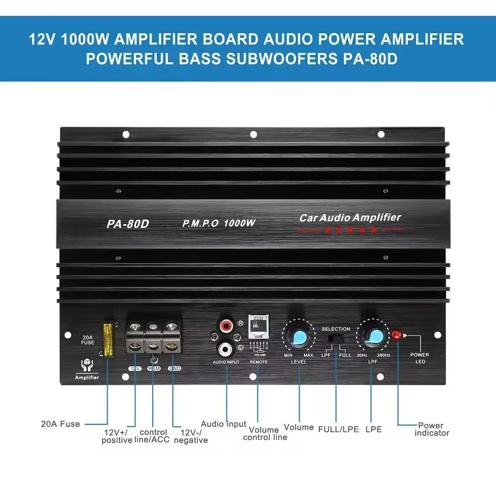 PA-80D 1000W 12V Universal Amplifier Board Car Mono Audio Power Amplifiers Powerful Bass Subwoofers Sound Amp For Car Modi