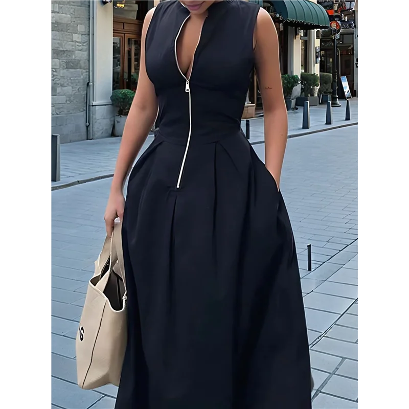 A83F-Abito da donna con scollo a V profondo, maniche ad aletta con cerniera, vita elastica smockata, abito longuette casual estivo diviso con tasche