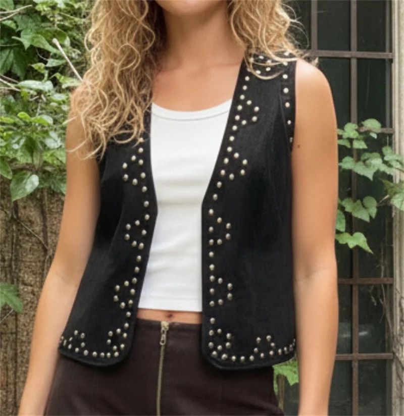 Women's Spring Summer Vest Casual Suede Texture Stylish Studded Sleeveless Jacket Dark Brown Open Front Waistcoat Streetwear