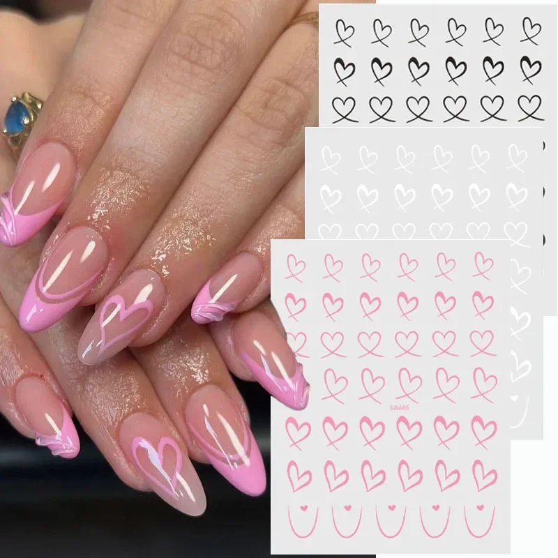 Liefde Hart Nail Art Stickers Set 3D Zwart Wit Roze Lijnen Franse Nagels Decals DIY Zelfklevende Slider Manicure Decoraties