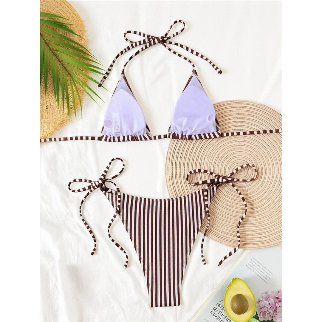 S - XL Gestreifter Neckholder-Bikini, Damen-Badeanzug, zweiteiliges Bikini-Set, hoch geschnittene Beine, Badebekleidung, Badeanzug, Schwimmbekleidung V8527 – Detail 25