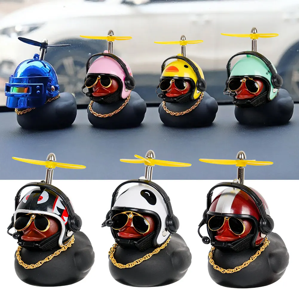 

Baby Duck Toy Silicone Broken Wind Yellow Duck Propeller with Helmet Ornaments for Car Interior Bike Motor Cycling Decoration