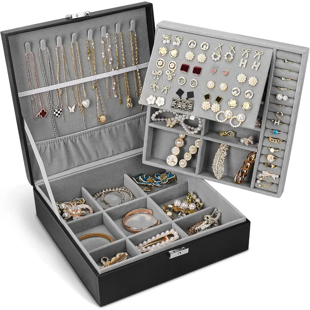 

Jewelry Box, Jewelry Boxes for Women & Men with PU Leather, 2 Layer Large Jewelry Organizer Storage Case with Lock, for Necklace