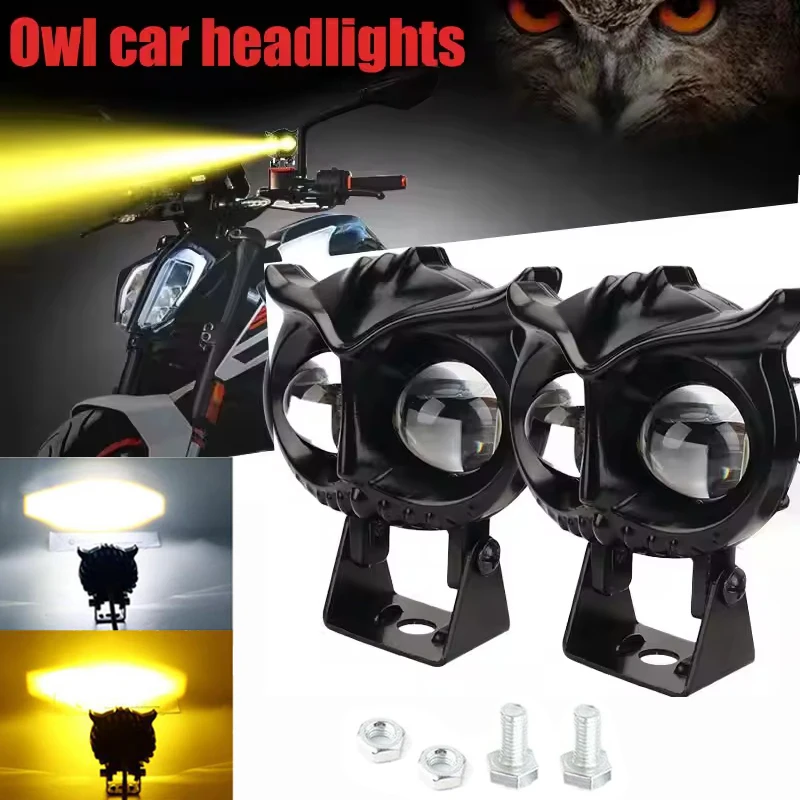 

Universal LED Dual Color Motorcycle Headlight Owl Design Auxiliary Spotlights Motorbike Scooter Fog Lamp Running Lights 12V 24V