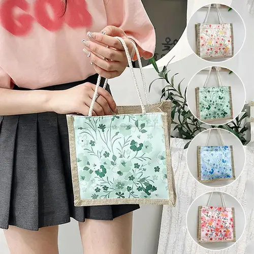 Imagen 2 del producto Bolsas de almuerzo Ins para mujer, bolso de mano con estampado Floral, bolsa de lino para almacenamiento de alimentos, bolsa de compras ecológica funcional portátil para Picnic y viajes al aire libre