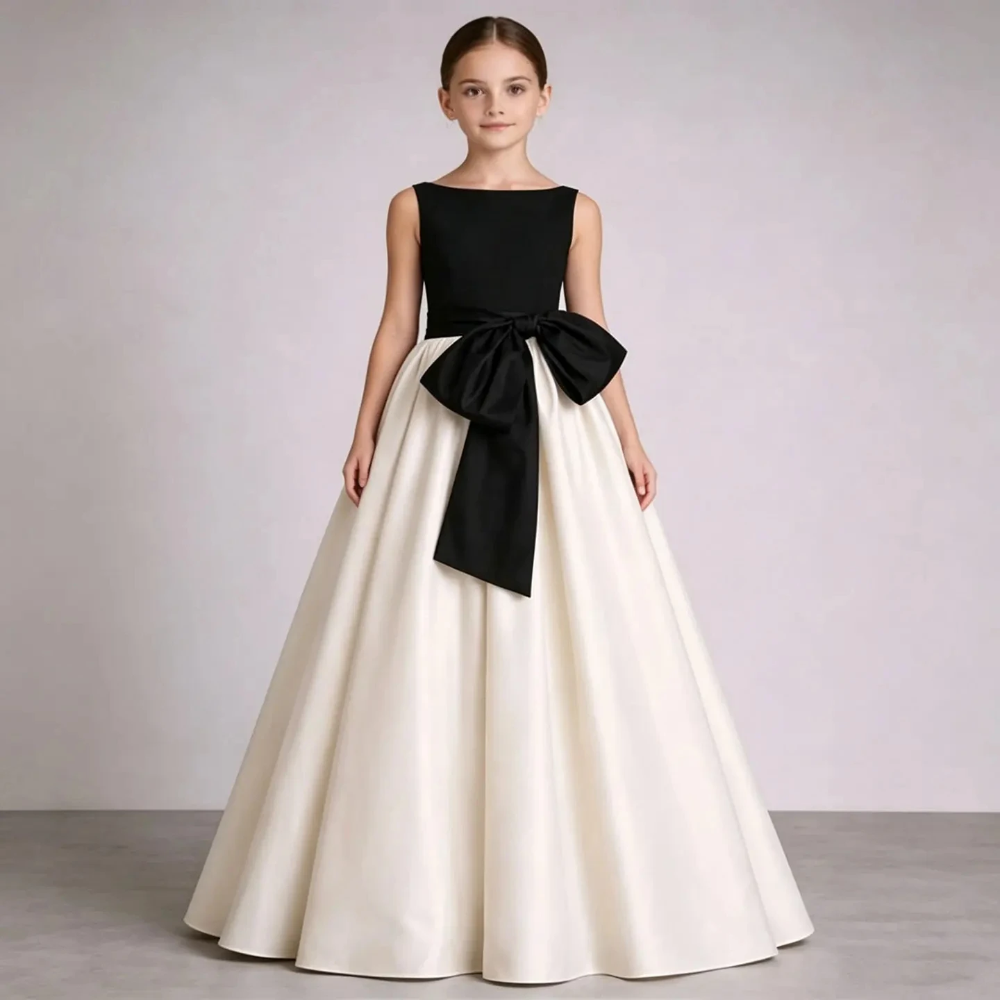 Customized Black White Flower Girl Dress For Wedding Bow Sleeveless Floor Length Elegant Kids Birthday First Communion Gown view 5