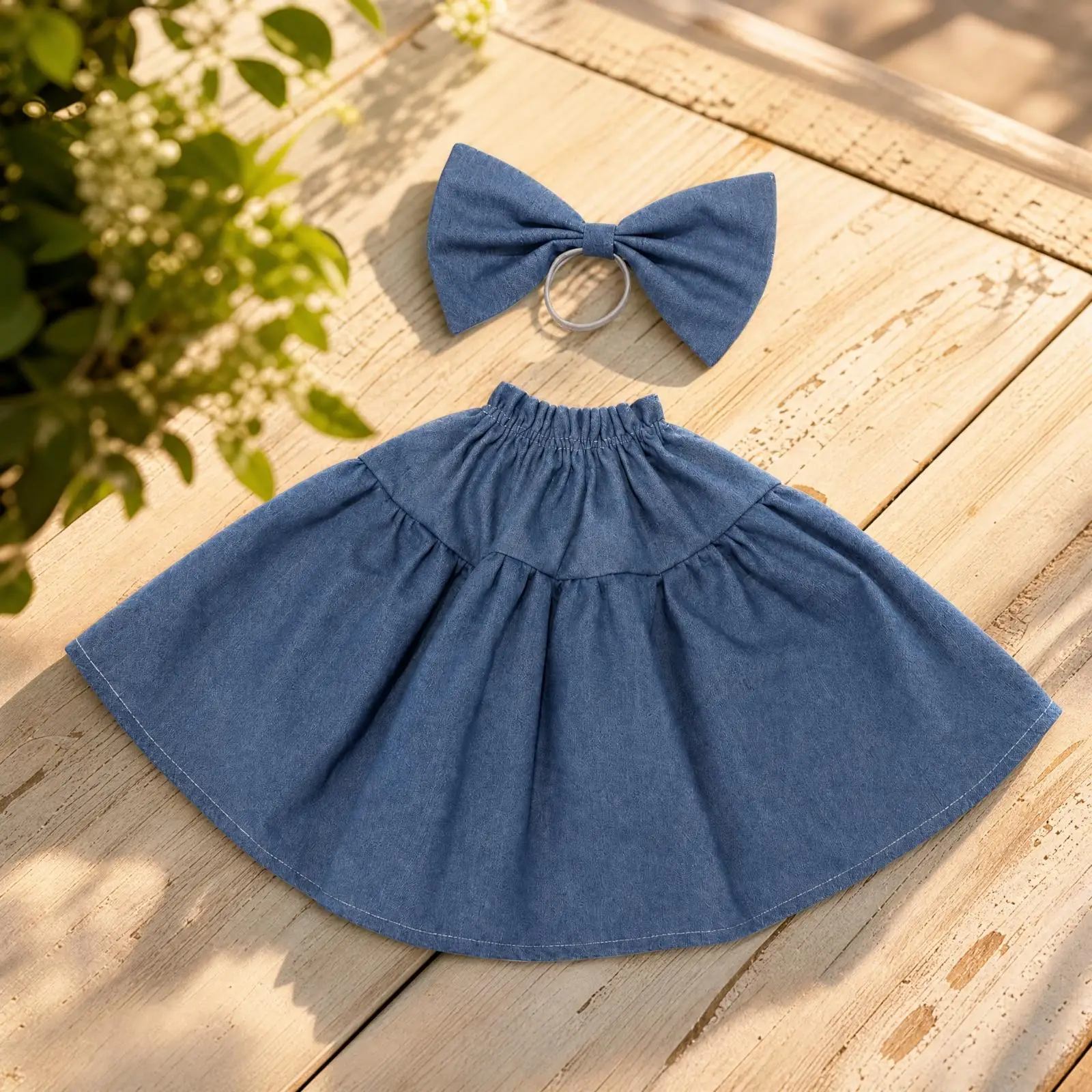 Blue Wash Denim Bow Dress Goose Costume for 23 Inch Wooden Goose Decor Front Yard Patio Bird Clothing