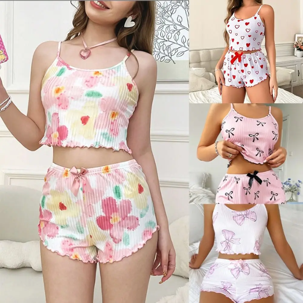 2Pcs/Set Fashion Two-Piece Set Sling Pajama Set Round Neck Bowknot Print Camisole Set Breathable Backless Homewear for Women