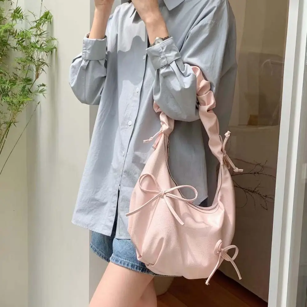 Korean Style Pleated Bow Tote Bag Handbag Pleated Strap PU Shoulder Bag Minority Design French Style Dumplings Bag Outdoor