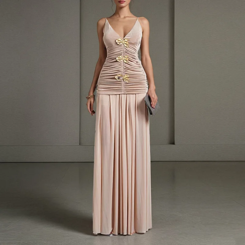 

Velvet Prom Dress Sexy V Neck Sleeveless Gold Decoration Sheath Long Gown Formal Wedding Guest Birthday Evening Robe