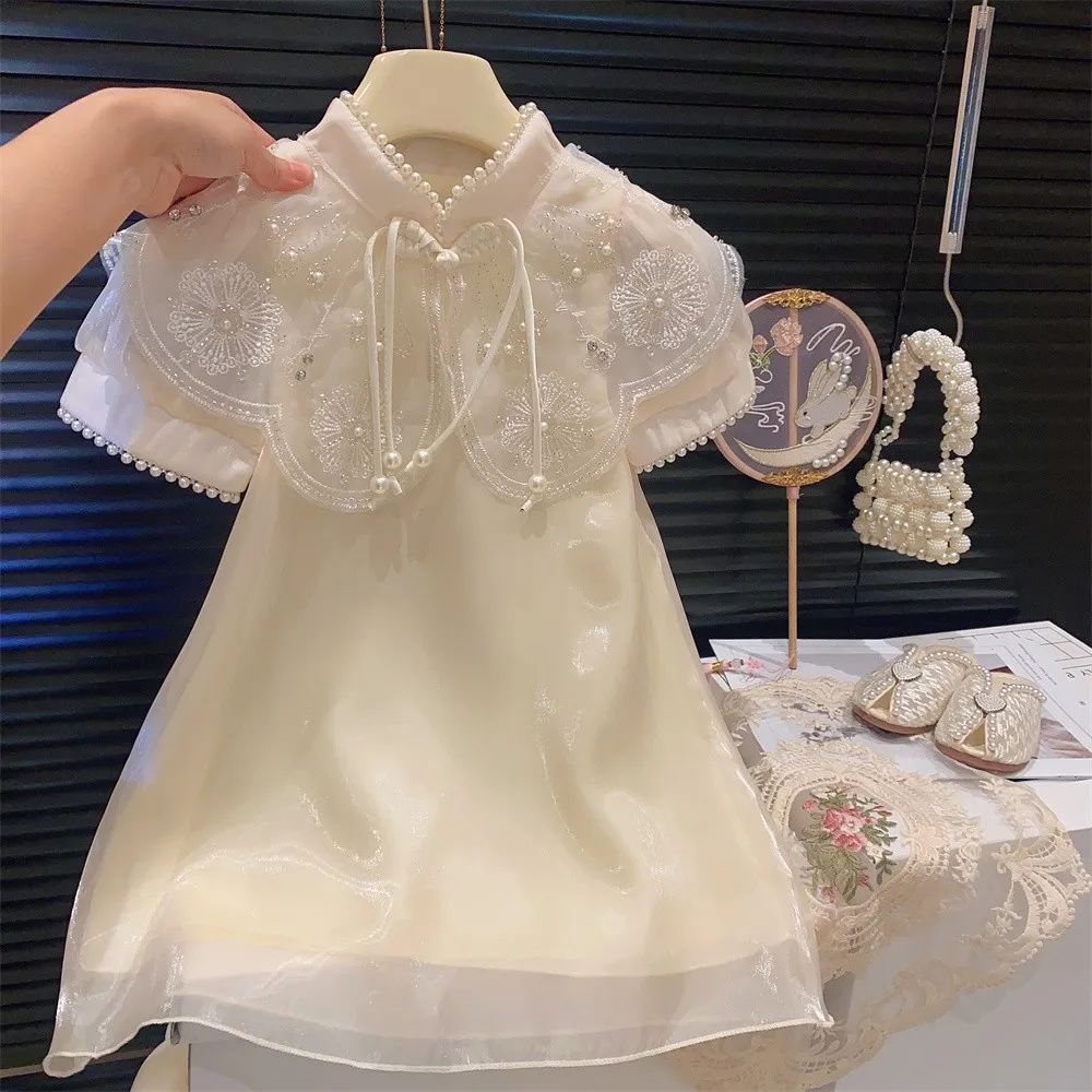 Chinese Style Summer Dress for Girls Baby Casual Dress Girl Princess Birthday Party Vestidos Mesh Embroidery Evening Dresses