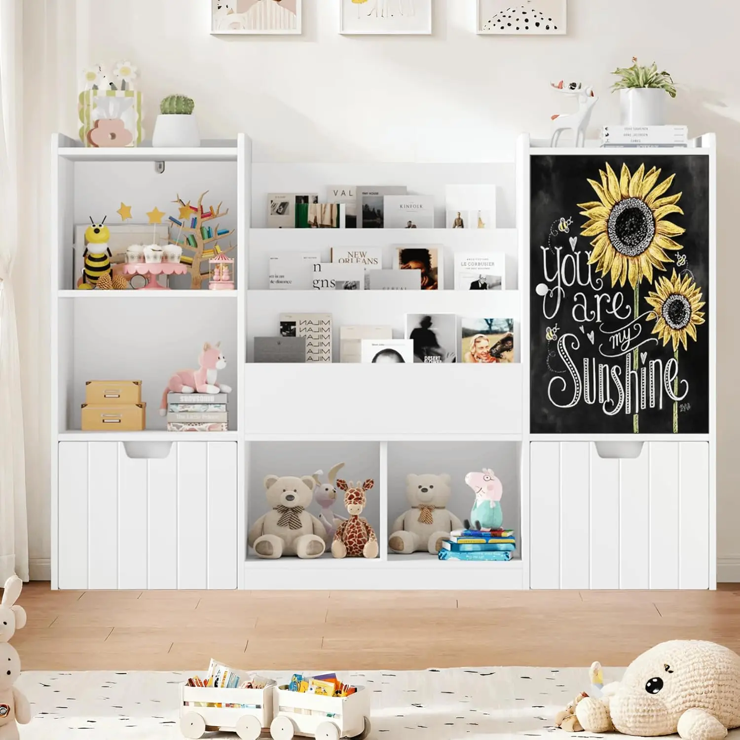 Large Toy Organizer with Chalkboard, 2 Drawers & 6 Cubbies, Kids Bookshelf