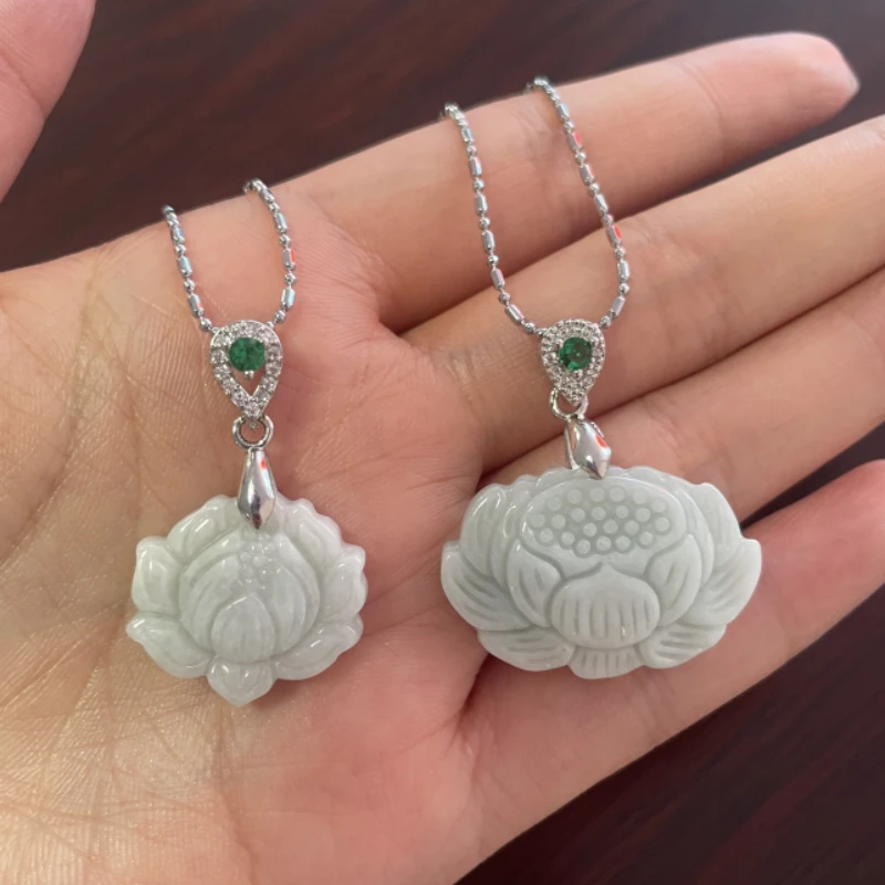 

925 Silver Burmese Emerald Jade Lovely Lotus flower Pendant Real Gifts Women Jewelry Jadeite Necklace Accessories Natural