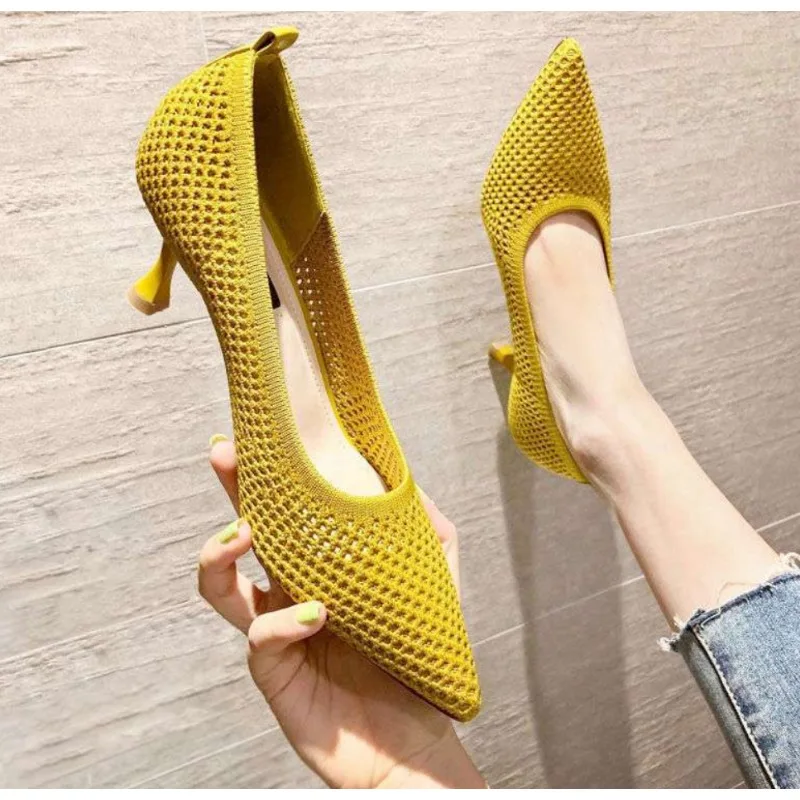Zapatos de tacón cómodos de verano para mujer, zapatos de fiesta de aguja, zapatos individuales sexis de aguja, zapatos de trabajo transpirables de malla tejida