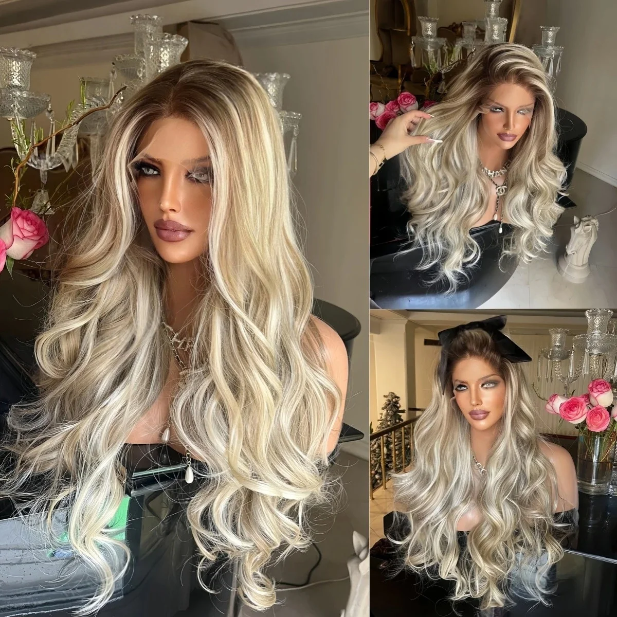 

Выделите Ombre Платиновый Блондин Объемная Волна Парик 13x4 HD Грязный Блондин Синтетический Высокое Качество Бесклеевой Предварительно Сорванный Косплей Для Wemon