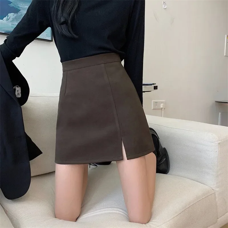 High Waist Mini Skirts for Women Side-Slit Warm Winter All-match Solid Clean Fit Casual Girls Shaped Slim Streetwear Chic Woolen