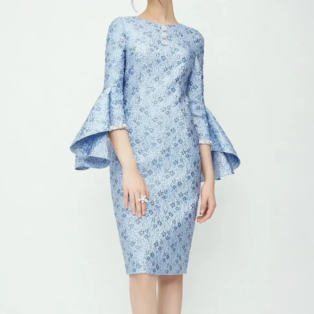 

Elegant and Slim Blue Personalized Sleeve Knee-length Dress Charming Satin Mother of the Bride Dresses Customized