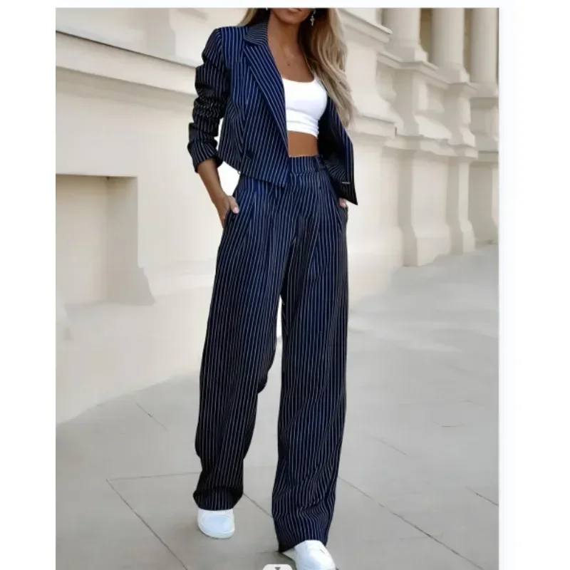 Mandylandy Casual Striped Suits Women Outfits Summer Short Style Lapel Suit Trousers Stripe Blazer Coats Straight-Leg Pants Suit