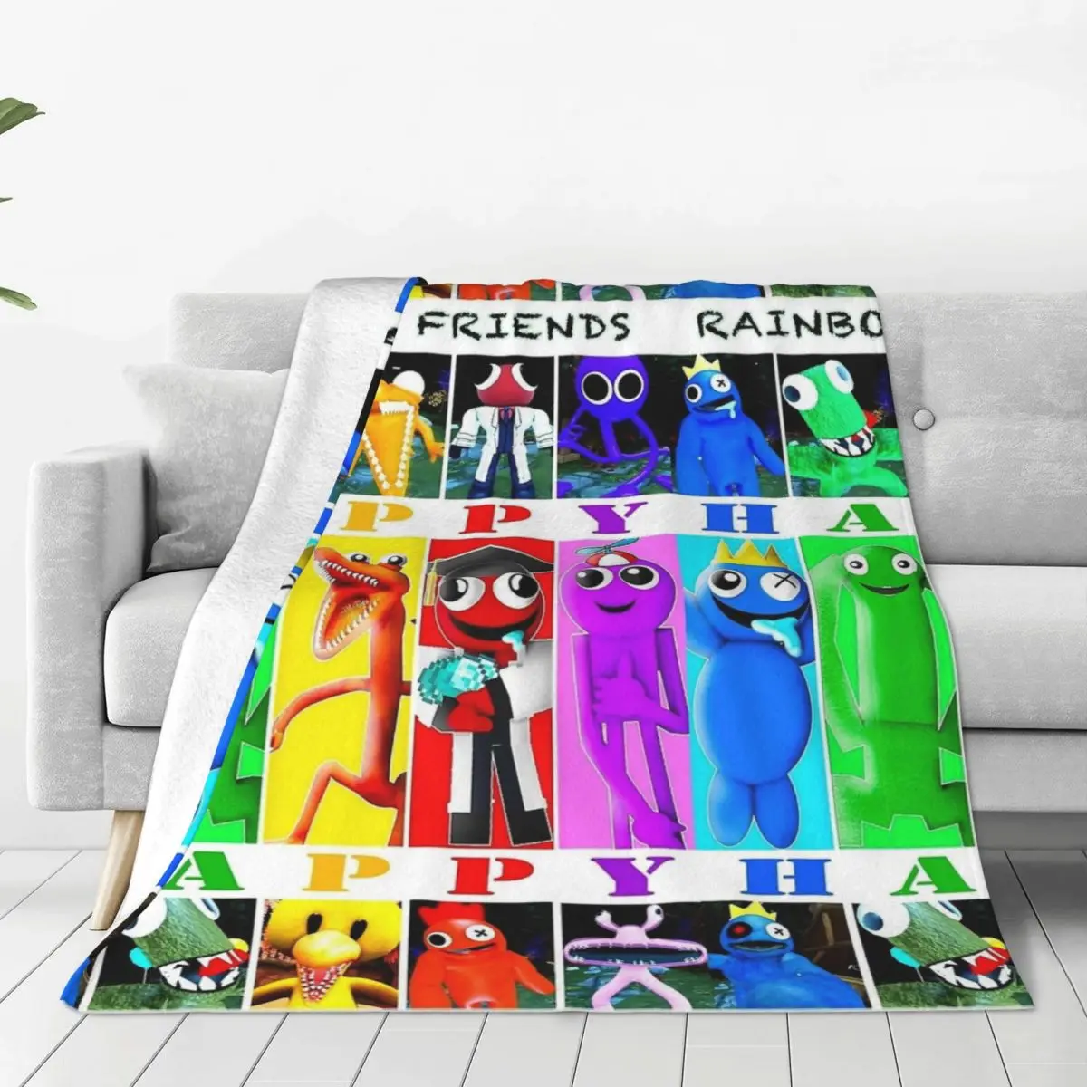 R-Rainbow Friends Happy Happy Blankets Velvet Printed Gamer Cozy Lightweight Thin Throw Blanket for Bed Office Bedspread