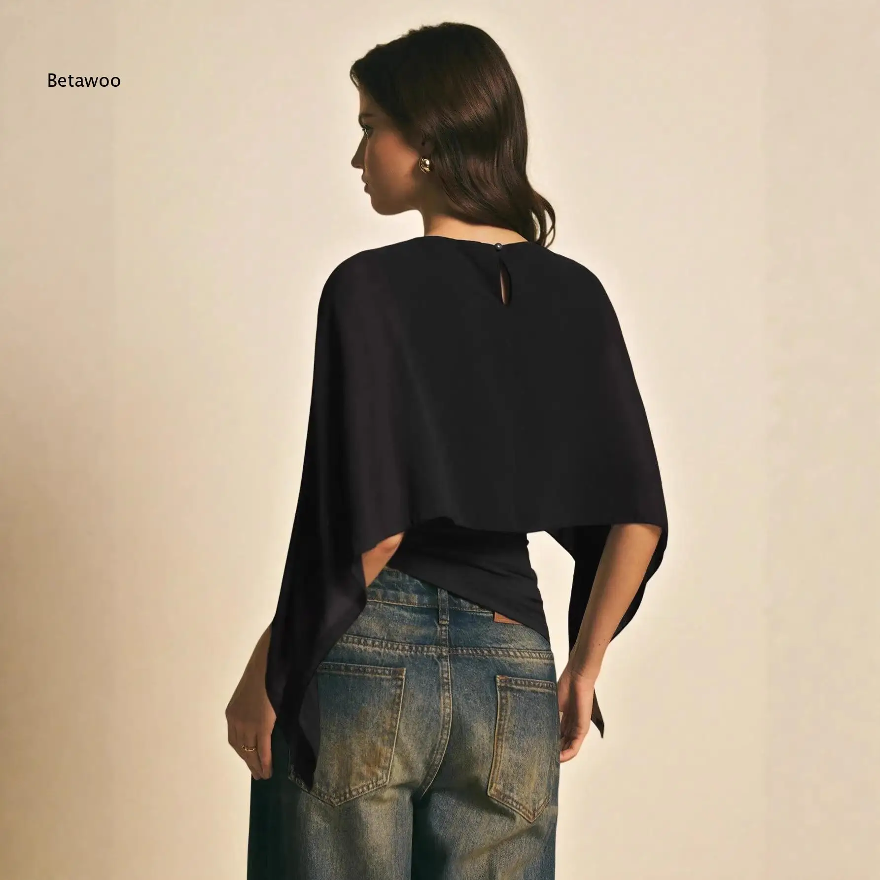 Asymmetric Cape Sleeve Double Layer Gathered Waist Cropped Top