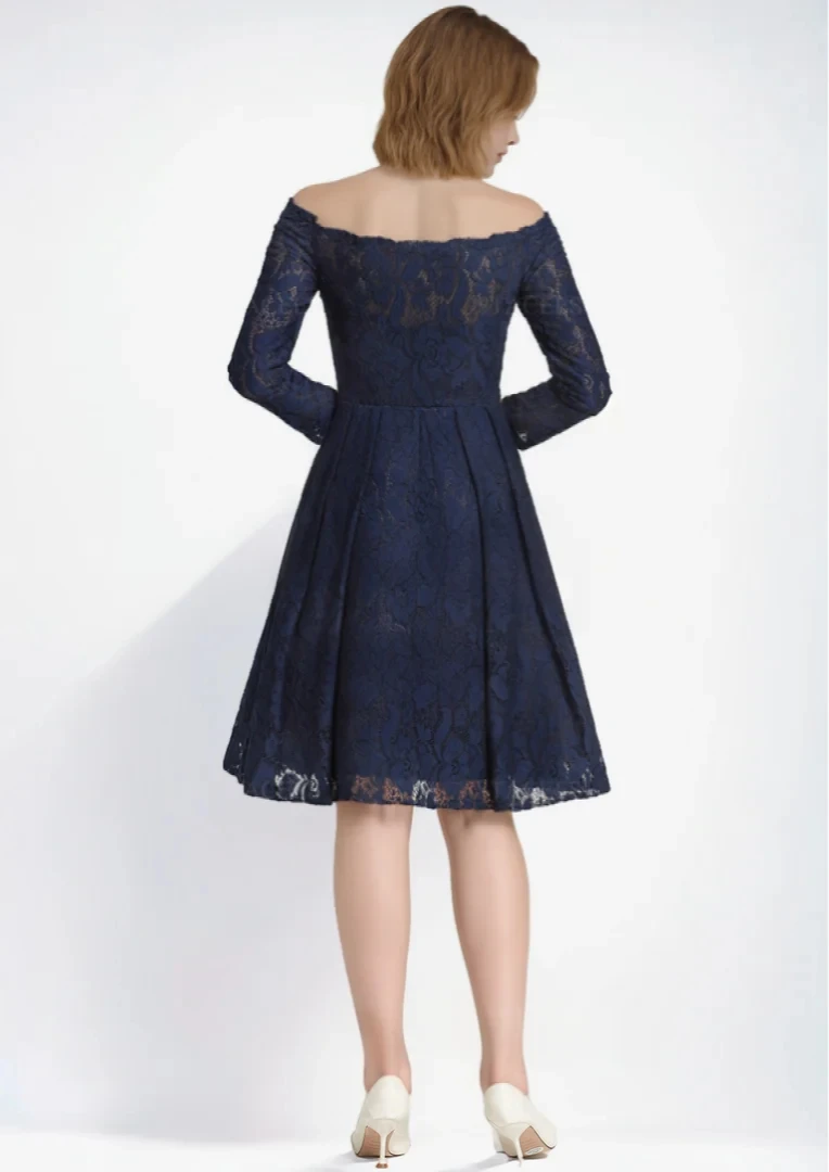 Gaun Malam Prom A-Line Elegan Gaun Tamu Pernikahan Panjang Selutut Berlipat Lengan 3/4 Bahu Terbuka Renda 2025 Gratis Disesuaikan