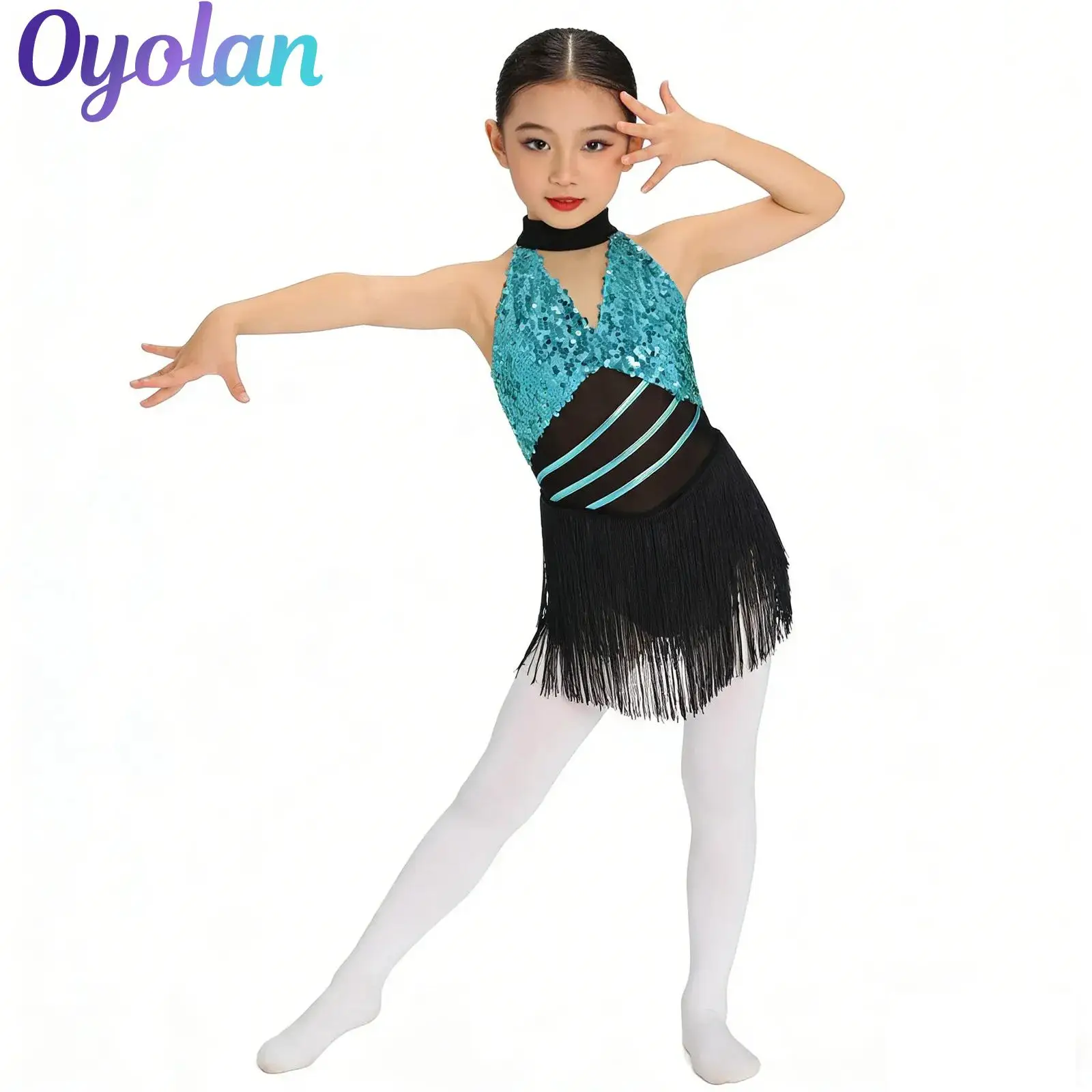 

Kids Girls Shiny Sequins Latin Dance Performance Costume Turquoise Halter Fringe Cha-cha Salsa Dress Tassels Leotard Dancewear