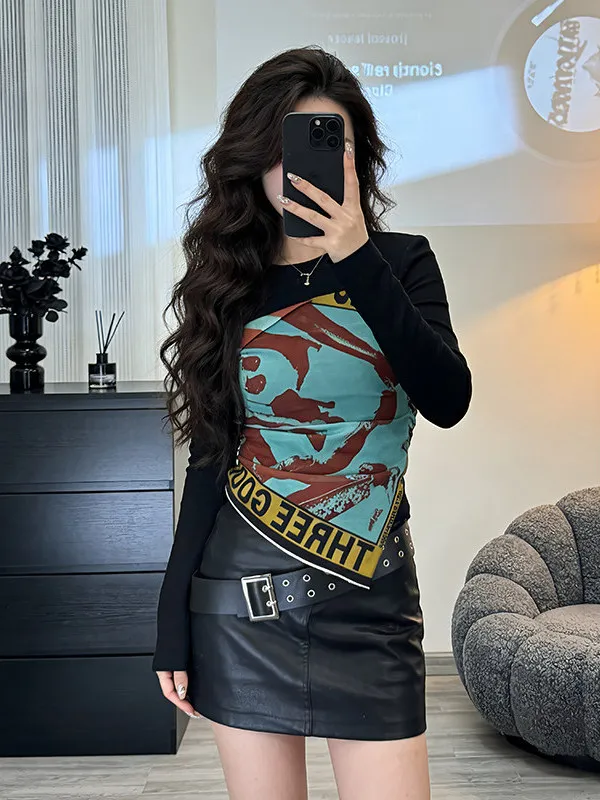 

plus Size Women's American Sle fiti Print Long Sve T-irt Spring Early Season Asymmetrical Scarf Splicing Top