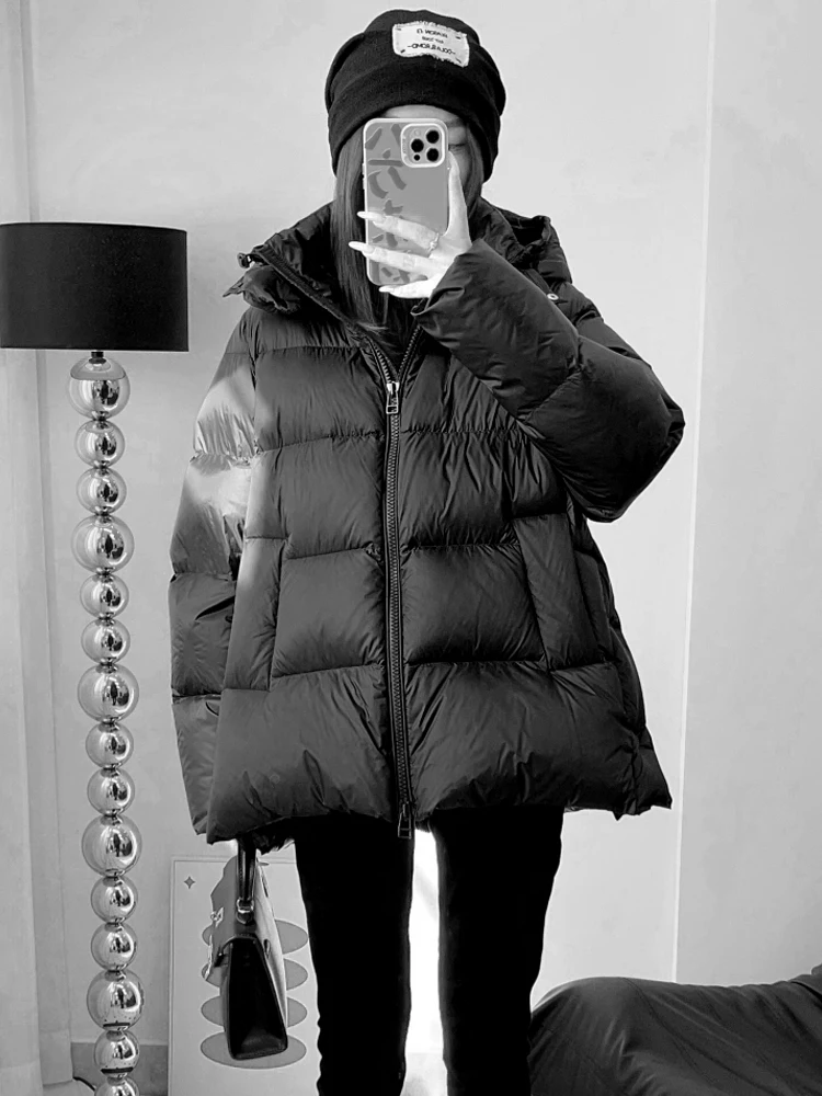 High quality short down jacket for women Hooded A-line puffer coat 2024 Winter Warm Design Female outwear Black INKEO DJ026