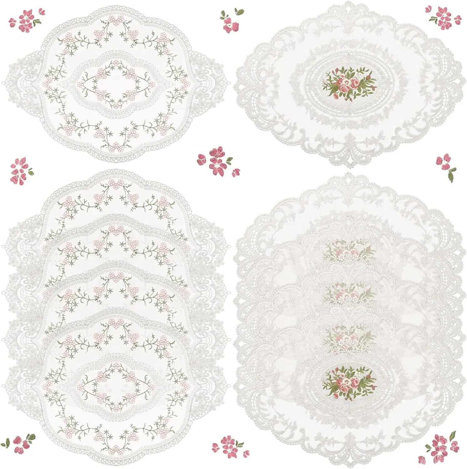 

10 White Retro Lace Placemats Oval Embroidered Table Mats French Crochet Doilies Vintage Coasters for Wedding Decor